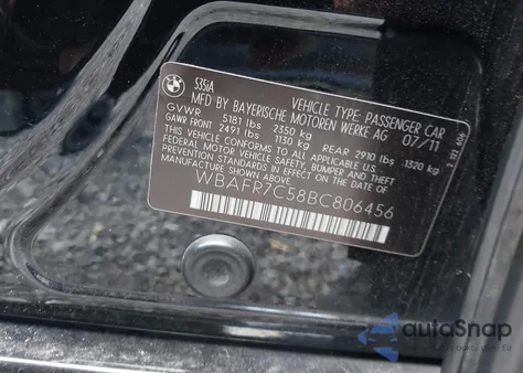 2011 BMW 535I из США, поврежденный, VIN WBAFR7C58BC806456